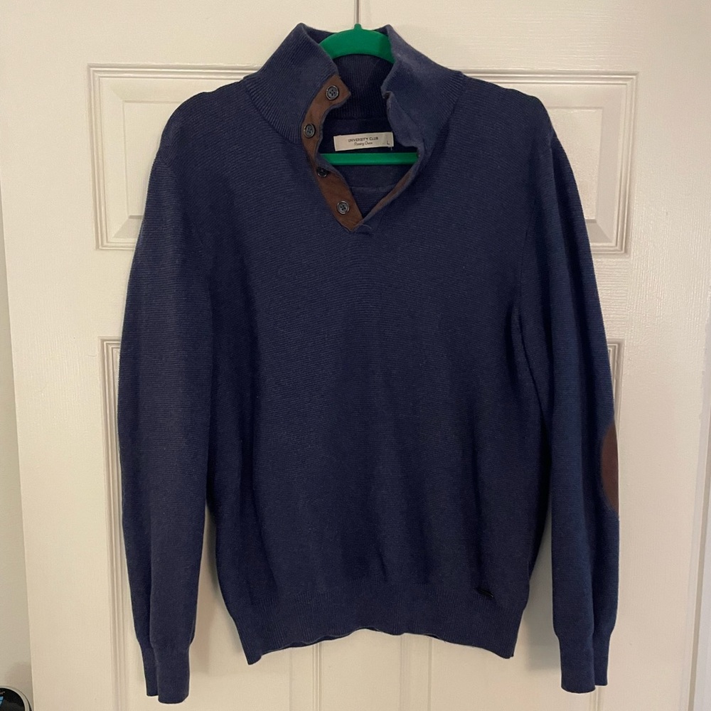 🍂 Blue and brown sweater with elbow patches! Size L.